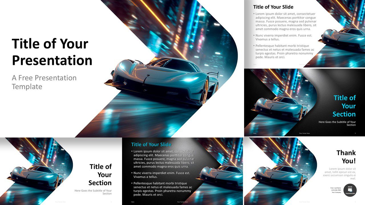 Neon Velocity PowerPoint and Google Slides Template showing 9 automotive slides with neon racing layouts and vivid motion.