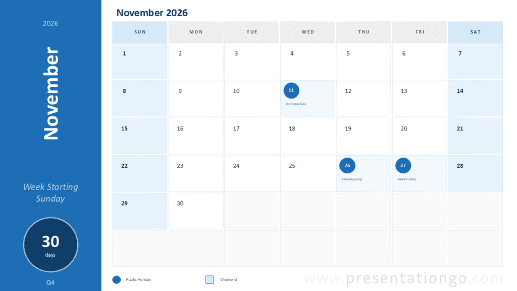 November 2026 Calendar Sunday Start PowerPoint November 2026 monthly calendar for PowerPoint and Google Slides with editable Sunday-start planning layout.