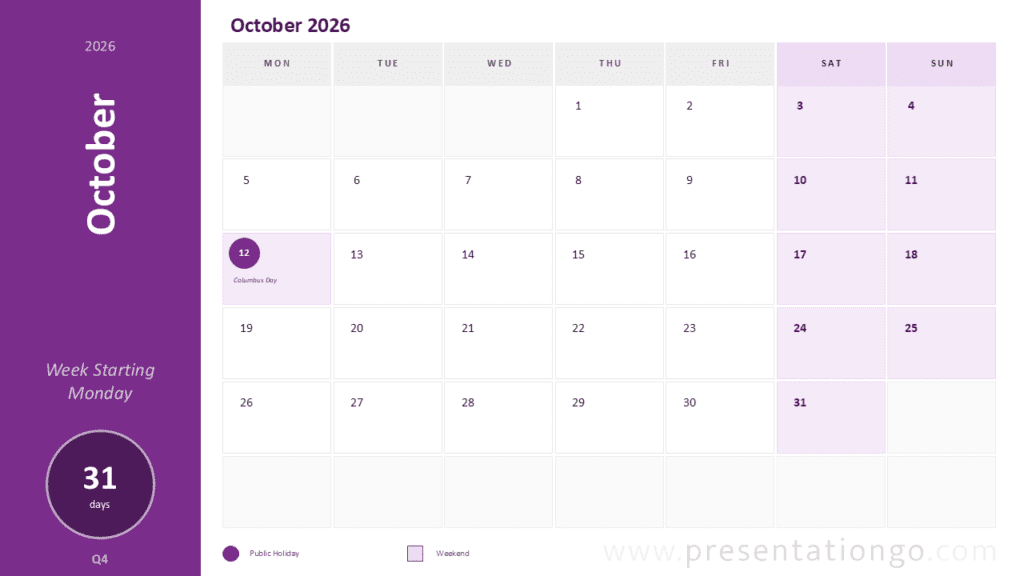 October 2026 Calendar Monday Start PowerPoint October 2026 monthly calendar for PowerPoint and Google Slides with editable Monday-start planning grid.