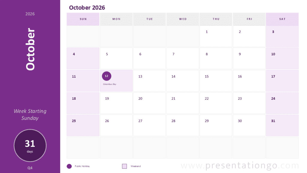 October 2026 Calendar Sunday Start PowerPoint October 2026 monthly calendar for PowerPoint and Google Slides with editable Sunday-start planning grid.