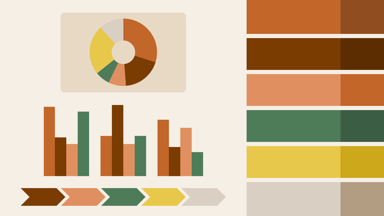 Patina House custom PowerPoint color palette with charts, diagrams, and earthy presentation design examples