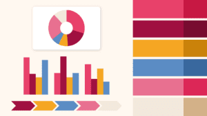 Retro Wave PowerPoint color palette with donut chart, bar chart, arrows, and stacked color blocks.
