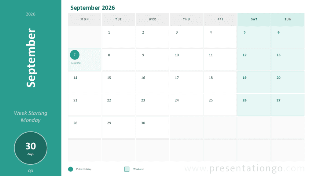 September 2026 Calendar Monday Start PowerPoint September 2026 monthly calendar for PowerPoint and Google Slides with editable Monday-start planning layout.