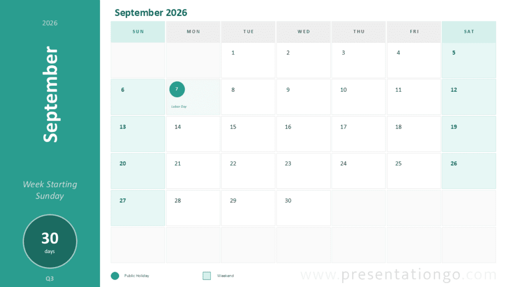 September 2026 Calendar Sunday Start PowerPoint September 2026 monthly calendar for PowerPoint and Google Slides with editable Sunday-start planning layout.