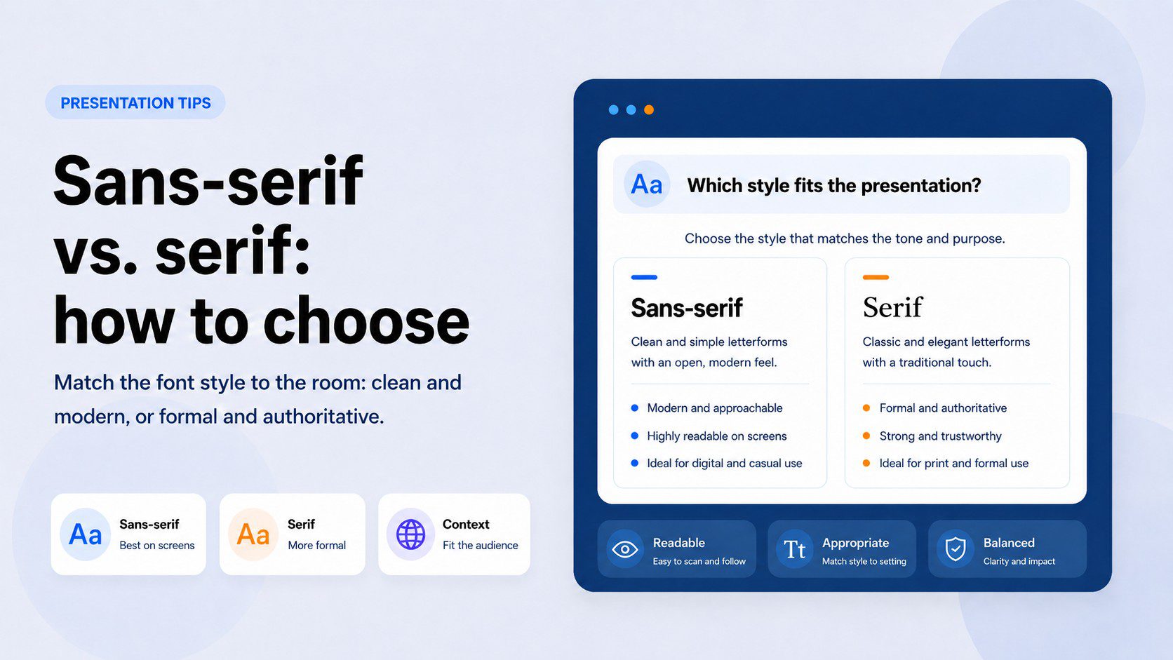 Side-by-side comparison of sans-serif and serif fonts for PowerPoint — sans-serif is modern, readable on screens, and ideal for digital use; serif is formal, authoritative, and suited to print and formal presentations