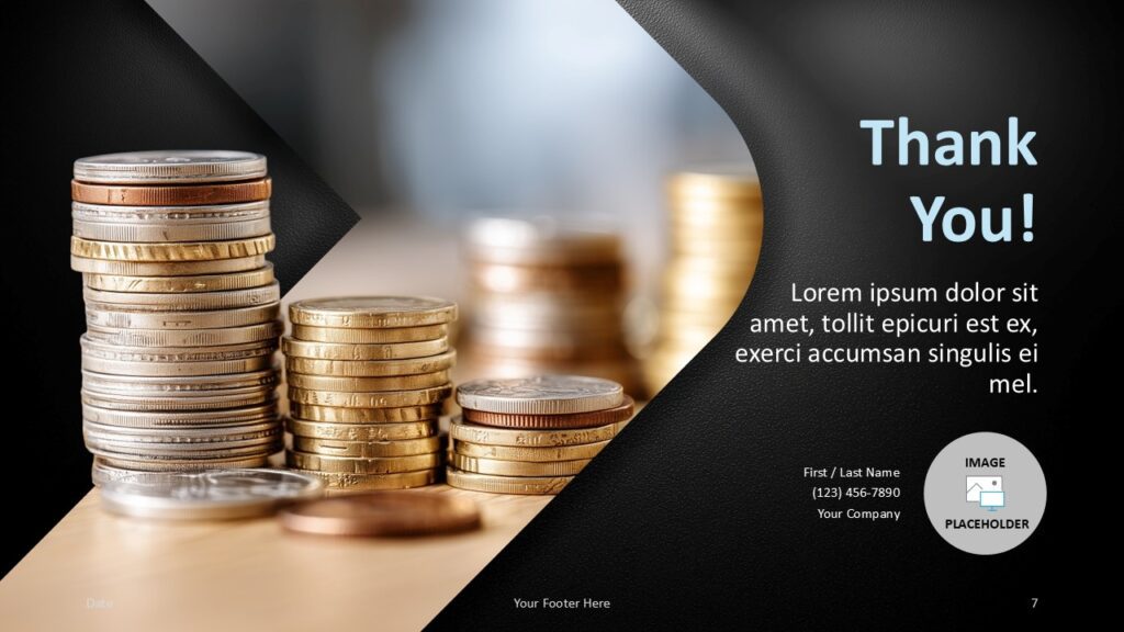 Stacked Wealth Closing PowerPoint Google Slides Dark Stacked Wealth closing slide for PowerPoint and Google Slides with thank you message, contact details, and photo placeholder.