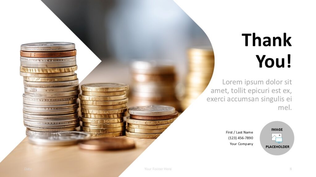 Stacked Wealth Closing PowerPoint Google Slides Light Stacked Wealth clean closing slide for PowerPoint and Google Slides with contact details and editable photo placeholder.
