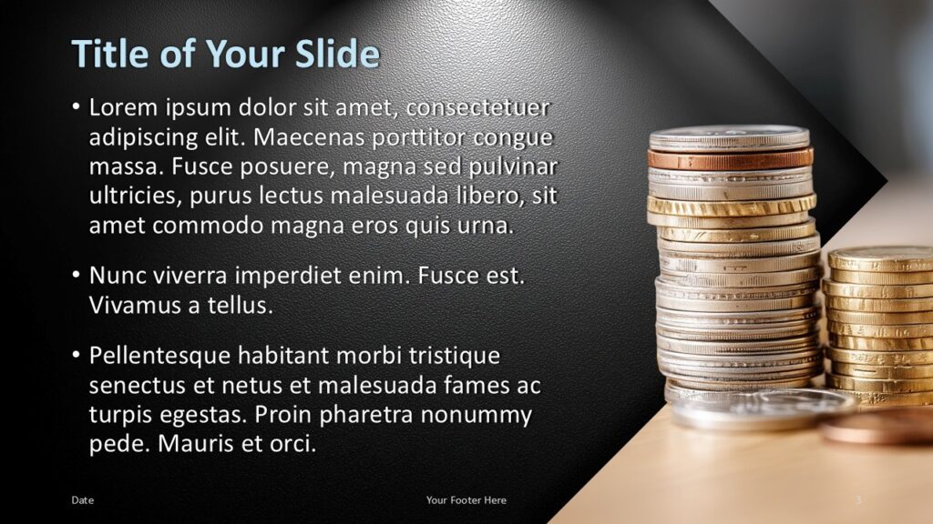 Stacked Wealth Content PowerPoint Google Slides Dark Stacked Wealth content slide for PowerPoint and Google Slides with bullet text, coin image, and editable finance layout.