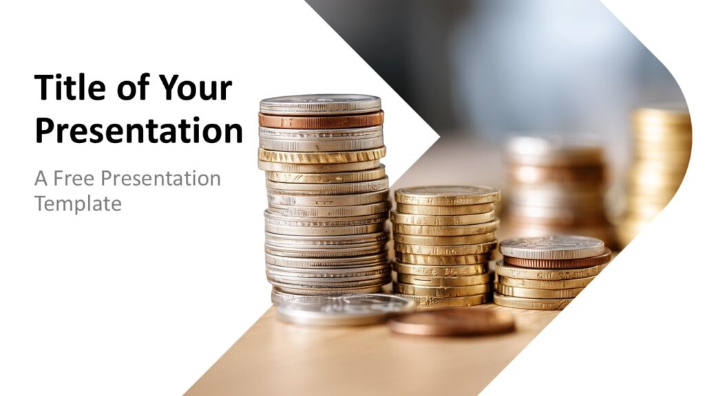 Stacked Wealth Cover PowerPoint Google Slides Light Stacked Wealth clean cover for PowerPoint and Google Slides with coin photo framing and editable finance title areas.