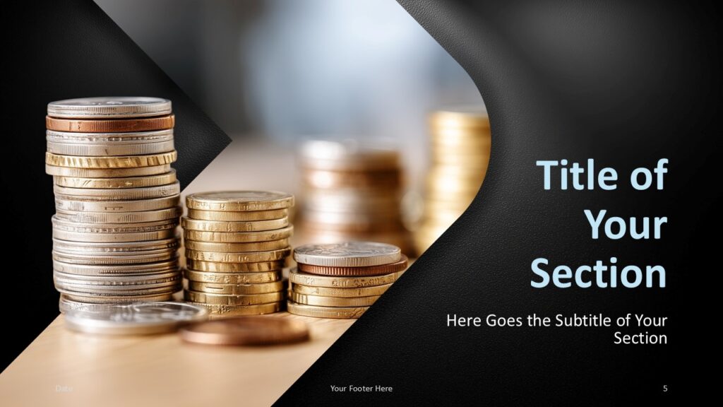 Stacked Wealth Section PowerPoint Google Slides Dark Stacked Wealth section divider for PowerPoint and Google Slides with coin photography and editable transition title.