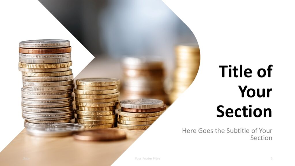 Stacked Wealth Section PowerPoint Google Slides Light Stacked Wealth clean section slide for PowerPoint and Google Slides with coin photo and editable subtitle area.