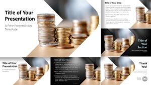 Stacked Wealth finance template for PowerPoint and Google Slides with coin visuals and editable business slide layouts.