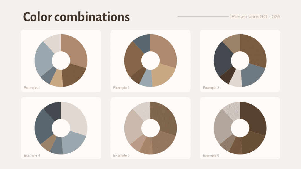 Trench & Steel Color Combinations for PowerPoint Six donut chart examples showing Trench & Steel color combinations for PowerPoint presentation design