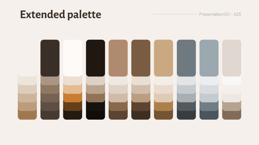 Trench & Steel Extended PowerPoint Palette Extended Trench & Steel palette with additional warm neutrals, brown tones, gray shades, and soft variations