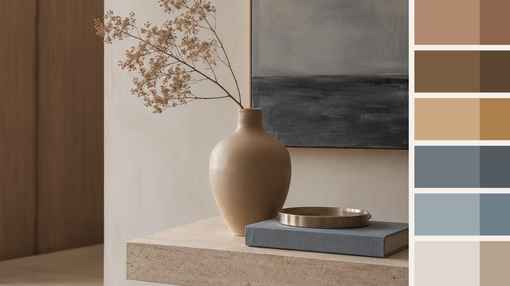 Trench & Steel Palette Inspiration Photo Neutral interior scene with vase, artwork, book, and color swatches inspired by the Trench & Steel palette