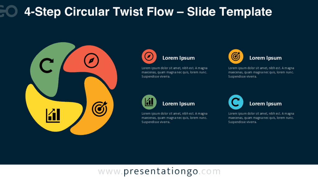 4-Step Circular Twist Flow PowerPoint & Google Slides 4-Step Circular Twist Flow PowerPoint and Google Slides diagram with four curved stages and editable icon placeholders.