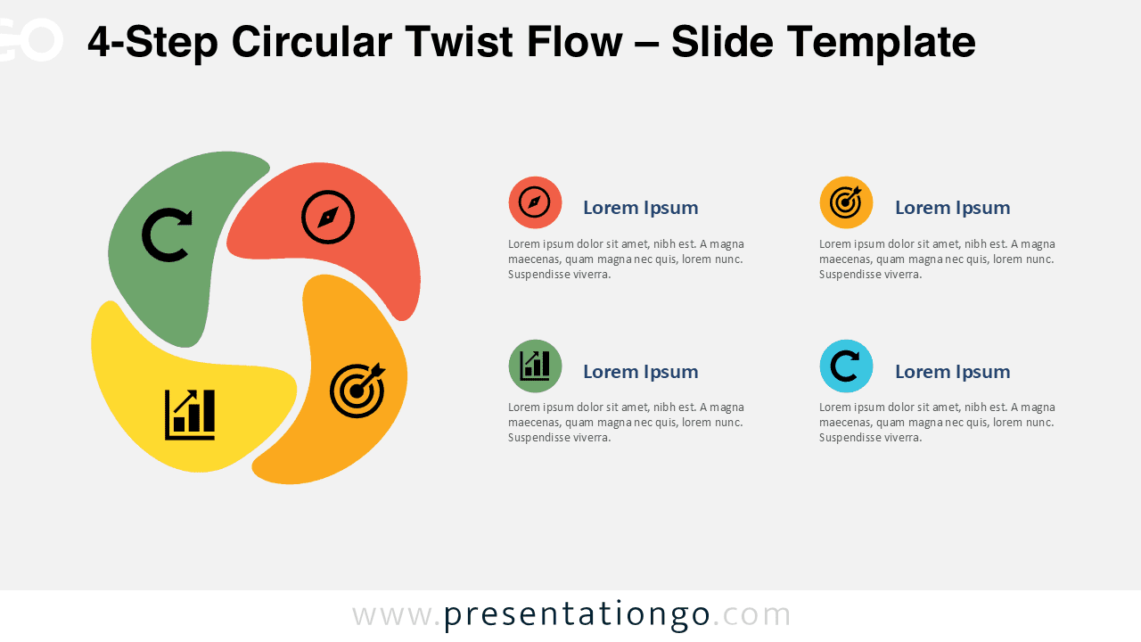 4-Step Circular Twist Flow diagram for PowerPoint and Google Slides showing four editable stages, icons, and text areas.