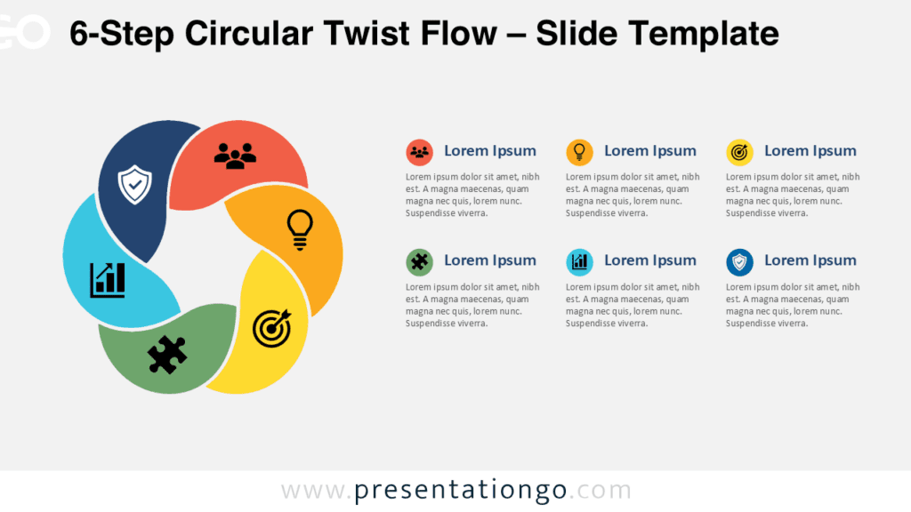 6-Step Circular Twist Flow diagram for PowerPoint and Google Slides showing six editable stages, icons, and text areas.