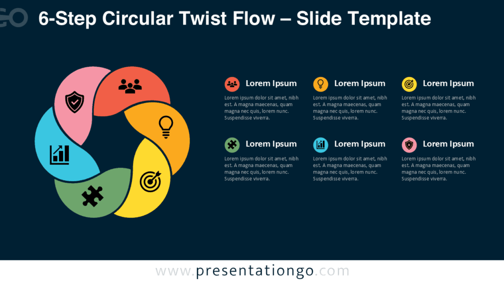 6-Step Circular Twist Flow PowerPoint & Google Slides 6-Step Circular Twist Flow PowerPoint and Google Slides diagram with six curved stages and editable icon placeholders.