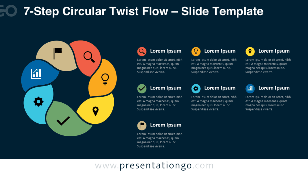 7-Step Circular Twist Flow PowerPoint & Google Slides 7-Step Circular Twist Flow PowerPoint and Google Slides diagram with seven curved stages and editable icon placeholders.