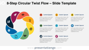 8-Step Circular Twist Flow diagram for PowerPoint and Google Slides showing eight editable stages, icons, and text areas.