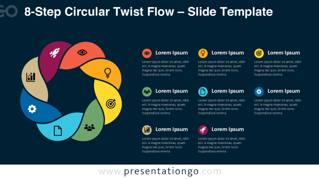 8-Step Circular Twist Flow PowerPoint & Google Slides 8-Step Circular Twist Flow PowerPoint and Google Slides diagram with eight curved stages and editable icon placeholders.