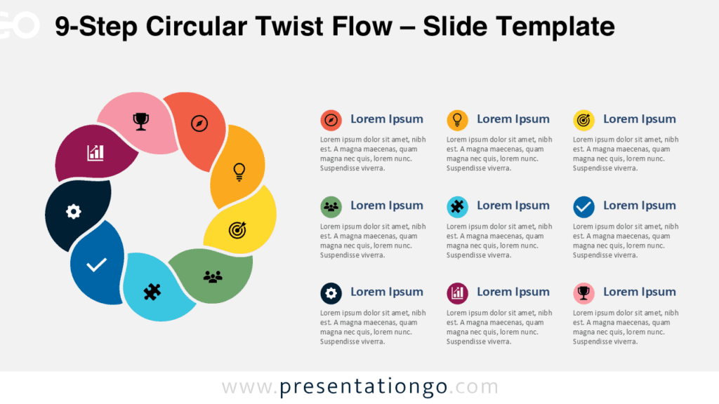 9-Step Circular Twist Flow diagram for PowerPoint and Google Slides showing nine editable stages, icons, and text areas.