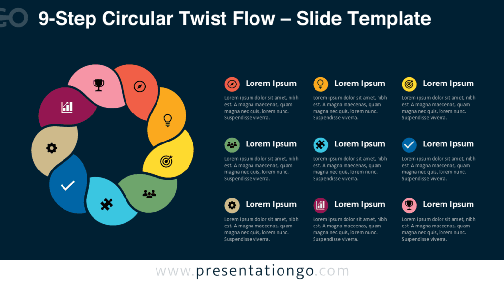 9-Step Circular Twist Flow PowerPoint & Google Slides 9-Step Circular Twist Flow PowerPoint and Google Slides diagram with nine curved stages and editable icon placeholders.