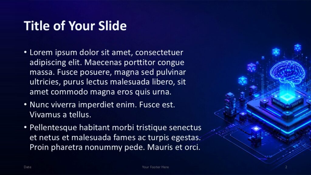 AI Processor content slide for PowerPoint and Google Slides with bullet layout and compact neural processor visual.