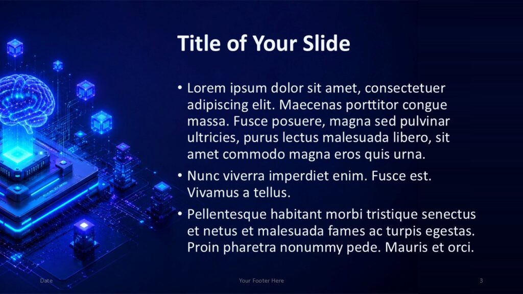 AI Processor slide for PowerPoint and Google Slides with left-side AI visual and clear bullet content area for reports.