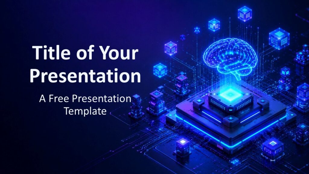 AI Processor cover slide for PowerPoint and Google Slides with glowing neural chip artwork and bold title space.