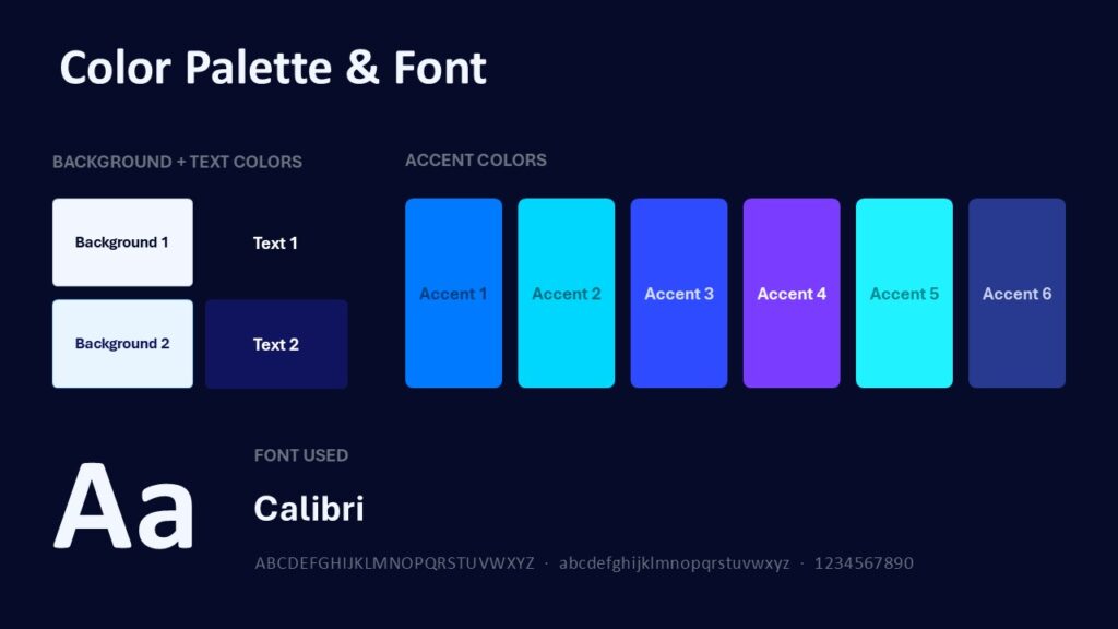 AI Processor palette slide for PowerPoint and Google Slides with neon accent colors, navy depth, and Calibri font.