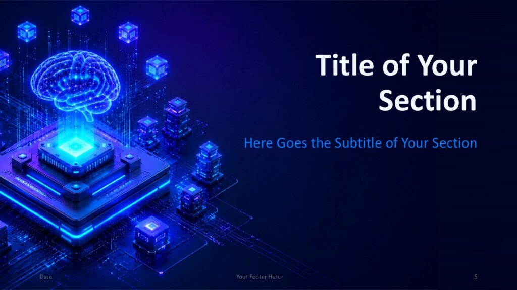 AI Processor divider slide for PowerPoint and Google Slides with spacious text placement and vivid AI processor artwork.