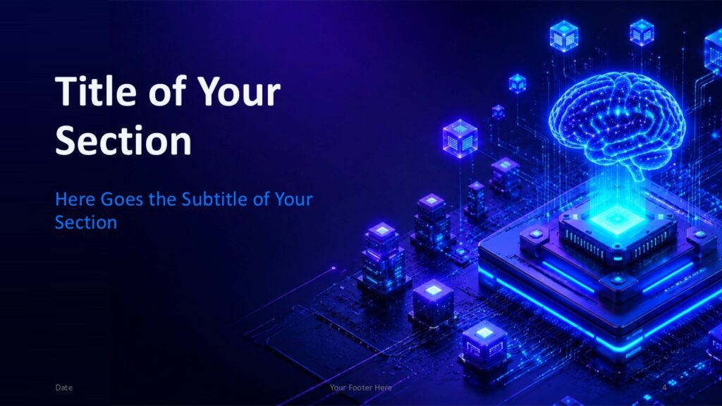 AI Processor section slide for PowerPoint and Google Slides with large title space, neon brain visual, and subtitle area.