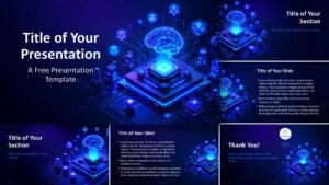 AI Processor template for PowerPoint and Google Slides showing all editable slides with neon AI visuals and clean layouts.