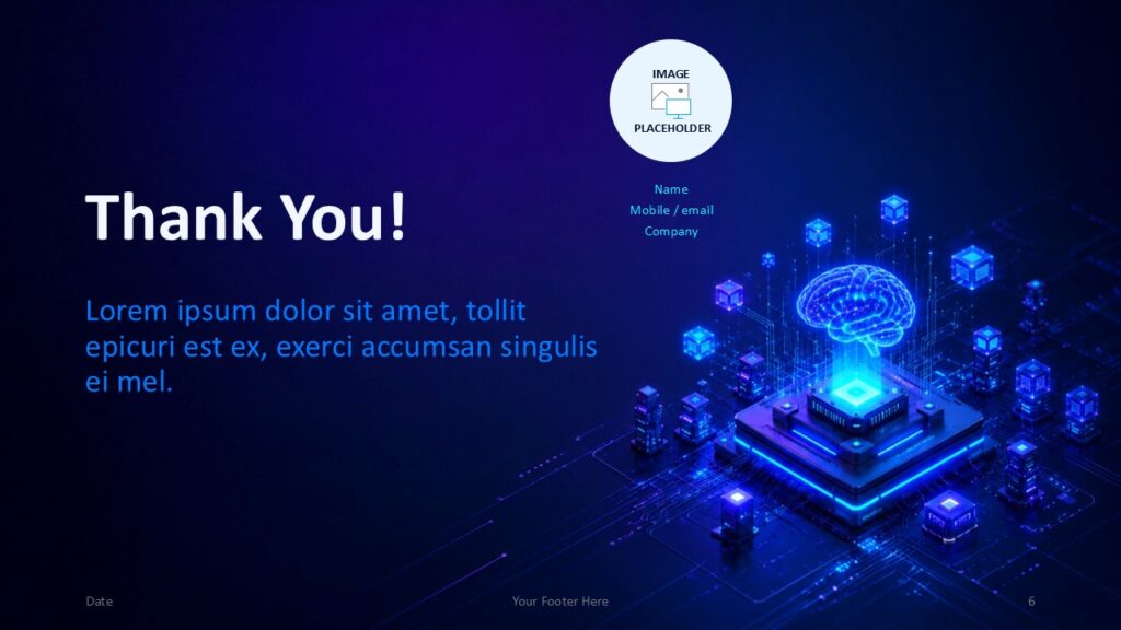 AI Processor thank you slide for PowerPoint and Google Slides with closing message area and modern AI visual design.