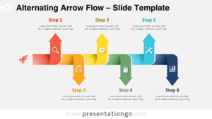 Alternating Arrow Flow PowerPoint diagram with six editable arrows, Office icons, and text placeholders for Google Slides.