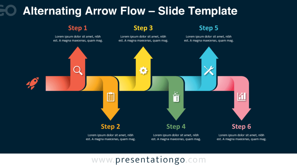 PowerPoint Alternating Arrow Flow diagram with editable Office icons and six arrow steps for Google Slides presentations.