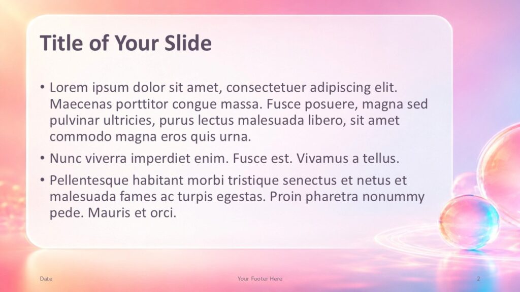 Aurora Bubbles Content PowerPoint Google Slides Aurora Bubbles content slide for PowerPoint and Google Slides with editable text, pastel tones, and bubble visuals.