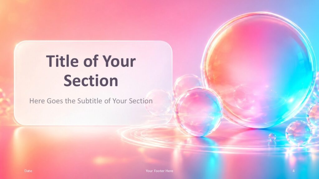Aurora Bubbles Section PowerPoint Google Slides Aurora Bubbles section divider for PowerPoint and Google Slides with frosted card, glowing spheres, and pastel style.