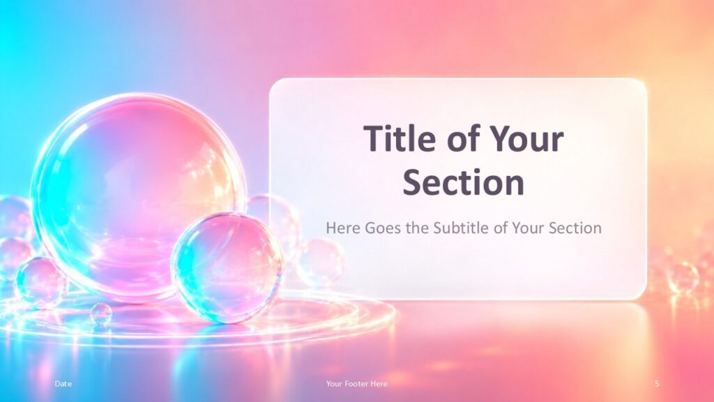 Aurora Bubbles Divider PowerPoint Google Slides Aurora Bubbles divider slide for PowerPoint and Google Slides with mirrored layout, glass panel, and colorful spheres.