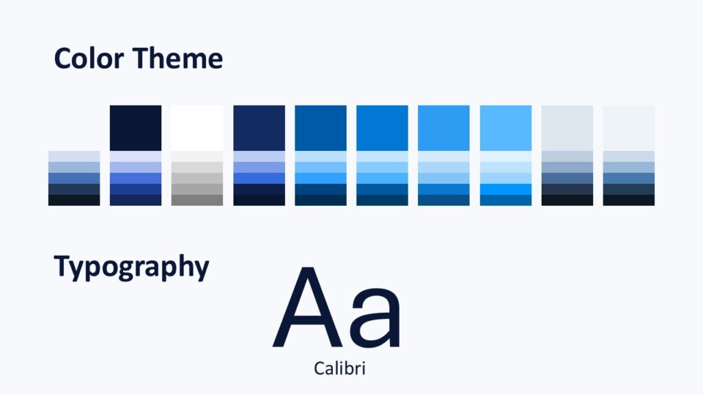 Blue Wave Corporate PowerPoint Google Slides Palette Blue Wave Corporate palette slide for PowerPoint and Google Slides showing blue swatches and Calibri typography.