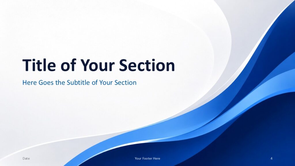 Blue Wave Corporate PowerPoint Google Slides Section 1 Blue Wave Corporate section divider for PowerPoint and Google Slides with subtitle space and flowing blue accent shapes.