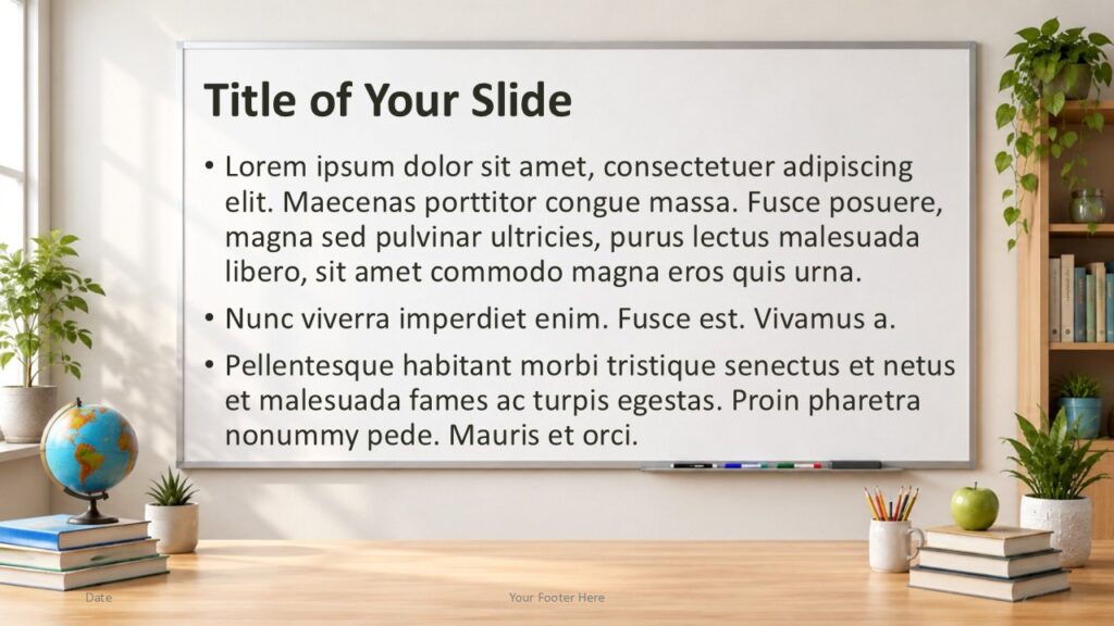 Bright Classroom PowerPoint and Google Slides content slide with bullet layout, whiteboard space, and education scene.