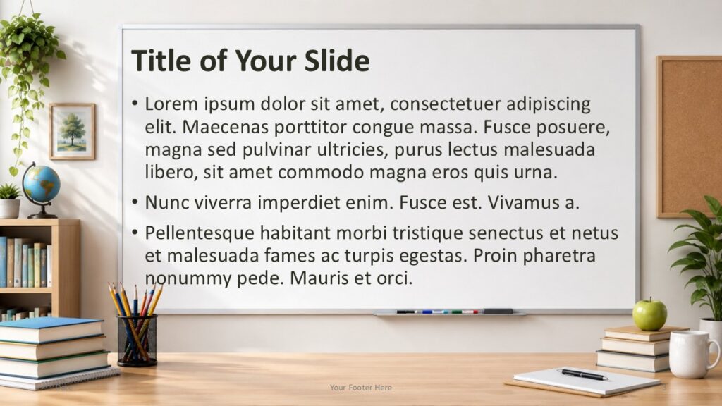 Bright Classroom PowerPoint and Google Slides text slide with classroom board, plants, books, and editable layout.