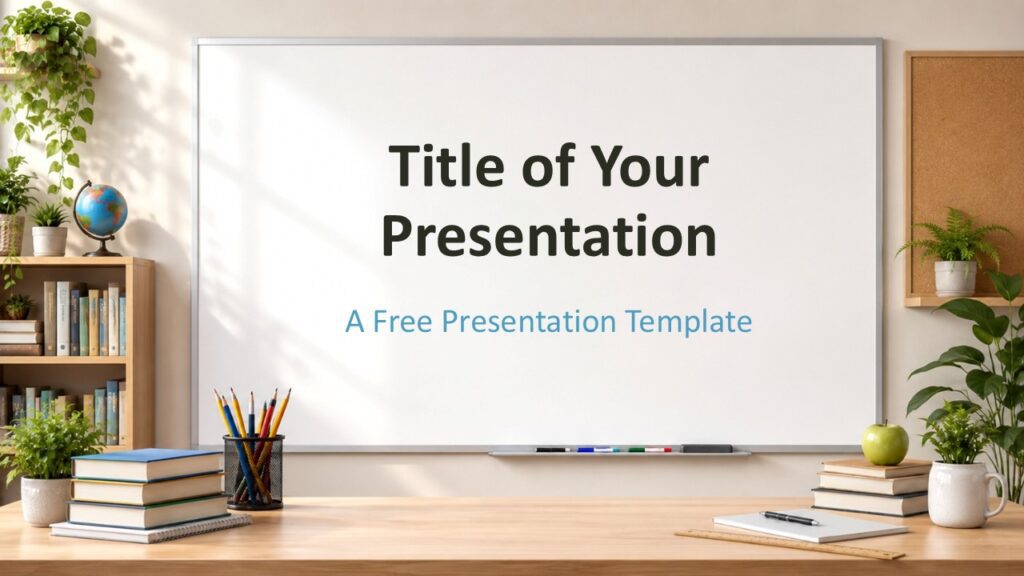 Bright Classroom cover slide for PowerPoint and Google Slides with whiteboard title area and calm school desk scene.