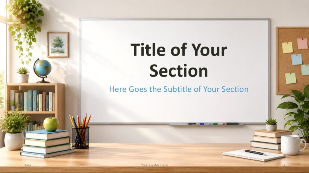 Bright Classroom section divider for PowerPoint and Google Slides with centered whiteboard title and blue subtitle.
