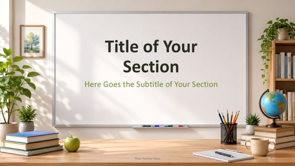 Bright Classroom section divider for PowerPoint and Google Slides with green subtitle, plants, and whiteboard focus.