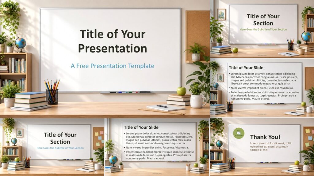 Bright Classroom PowerPoint and Google Slides template with whiteboard layouts, classroom decor, and custom palette.