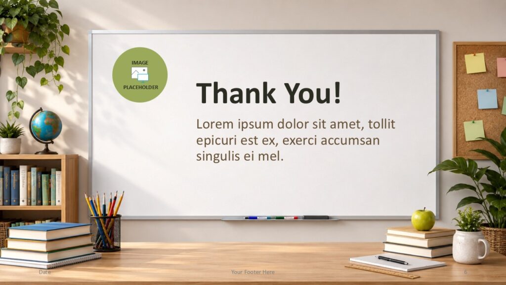 Bright Classroom thank you slide for PowerPoint and Google Slides with image placeholder and warm classroom decor.